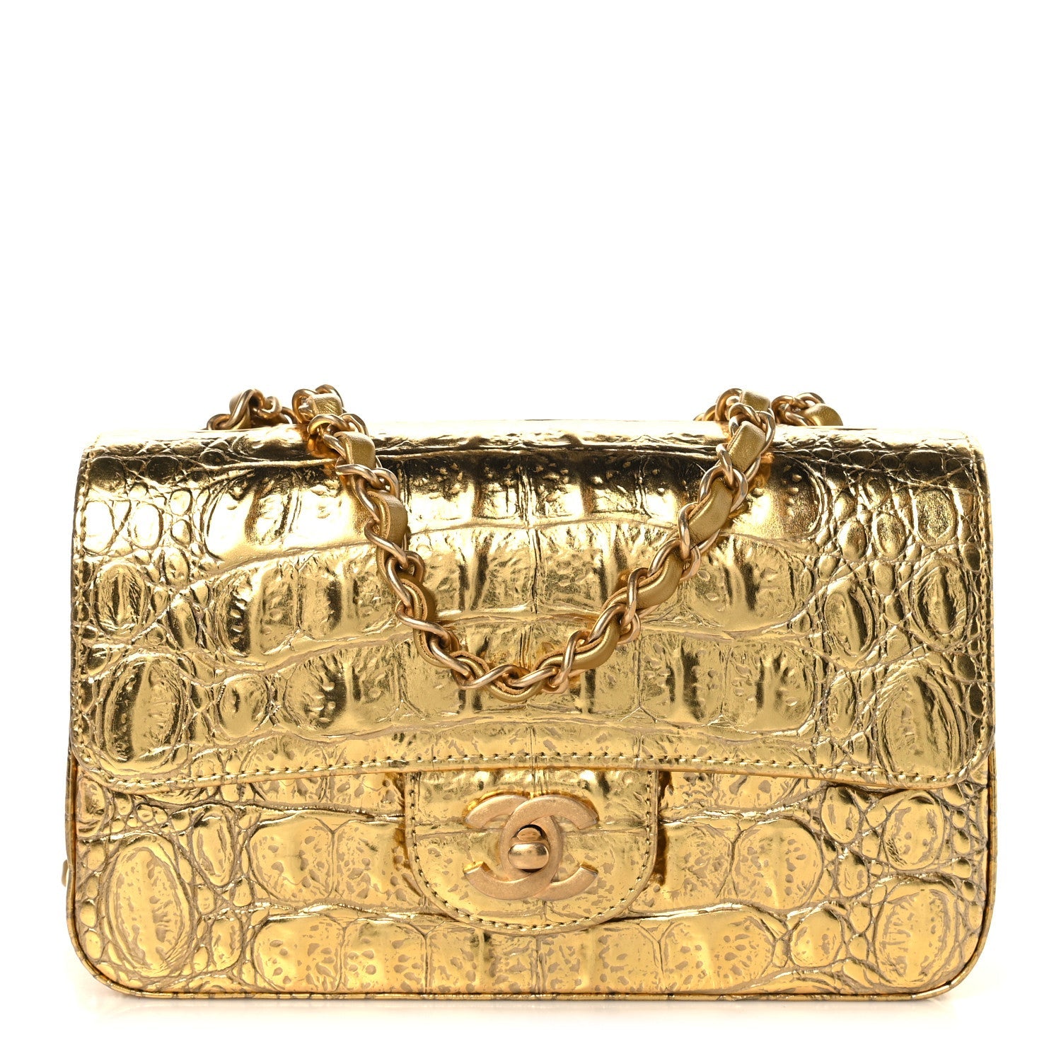 Metallic Calfskin Crocodile Embossed Cocodile Rectangular Mini Flap Gold