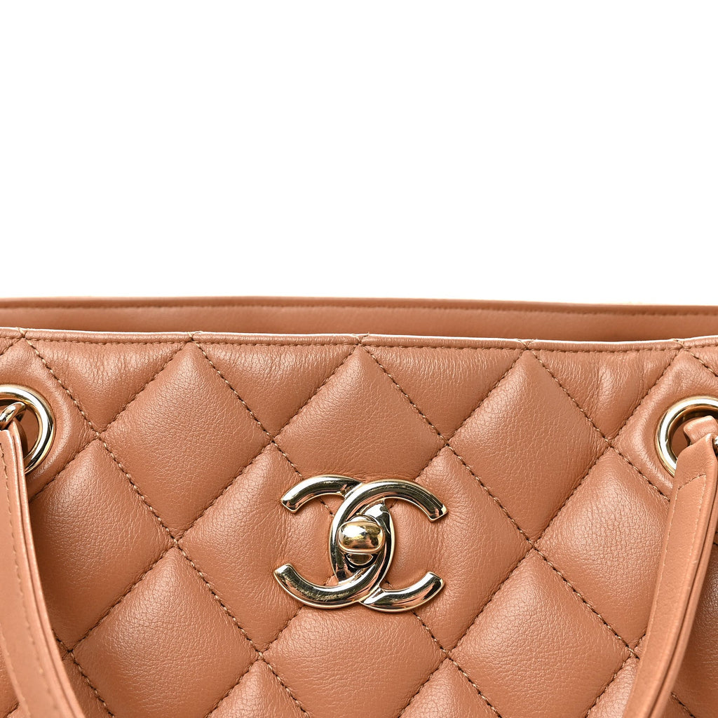 Calfskin Quilted Large CC Shopping Tote Camel