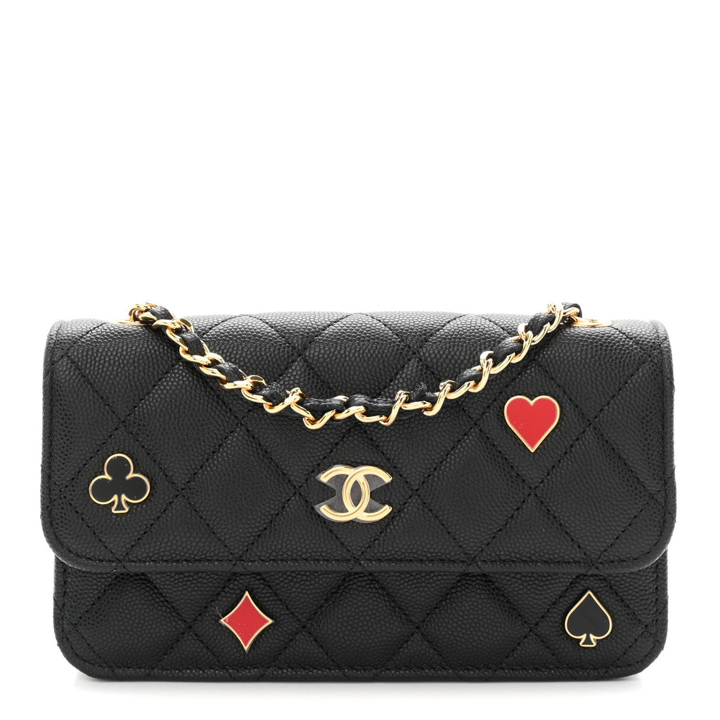 Caviar Quilted Enamel Coco Casino Flap Phone Holder With Chain Black