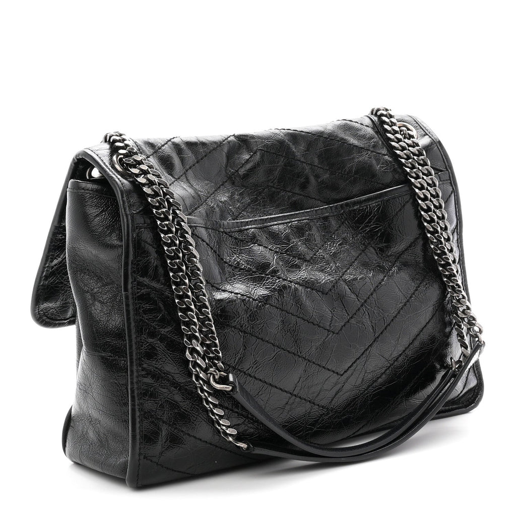 Crinkled Calfskin Matelasse Monogram Large Niki Chain Satchel Black