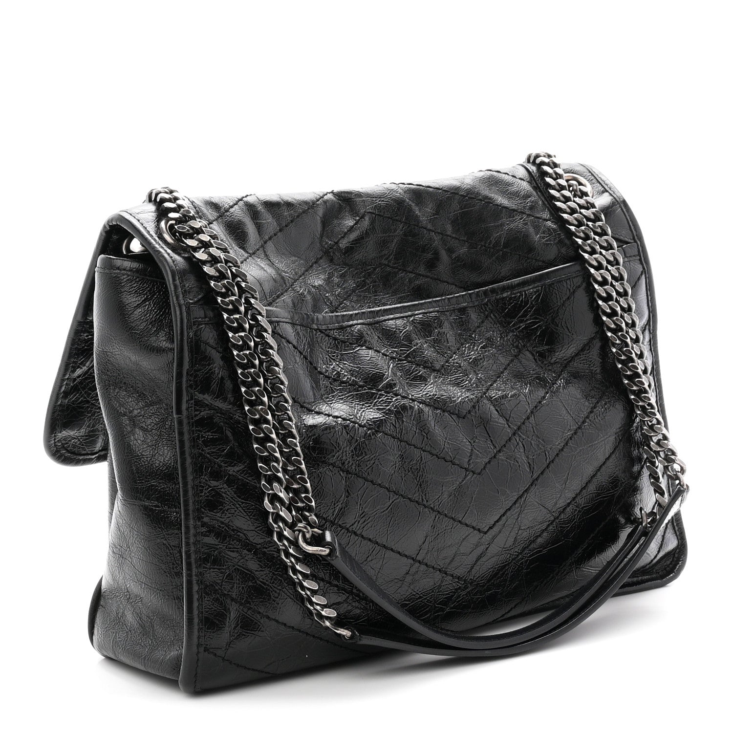 Crinkled Calfskin Matelasse Monogram Large Niki Chain Satchel Black