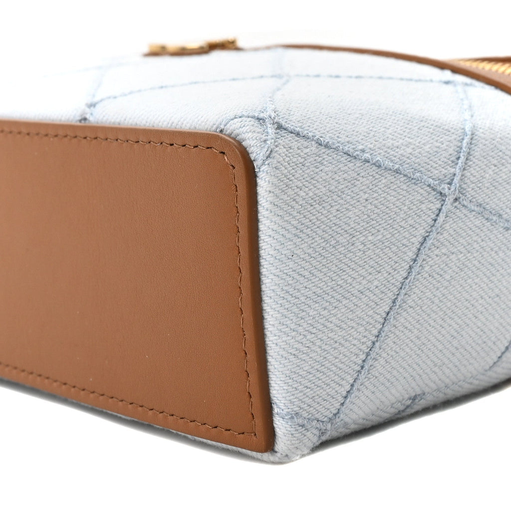 Washed Denim Calfskin Quilted Top Handle Slim Vanity Case With Chain Blue Brown