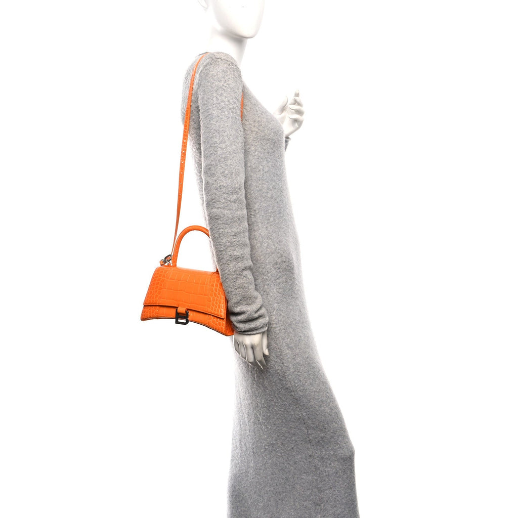 Shiny Calfskin Crocodile Embossed Small Hourglass Top Handle Bag Pop Orange