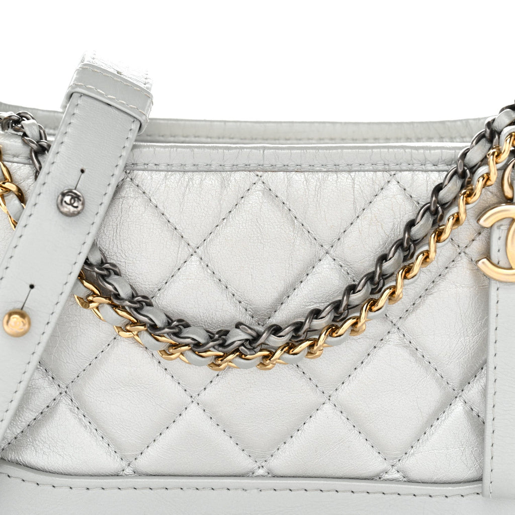 Metallic Aged Calfskin Quilted Small Gabrielle Hobo Silver