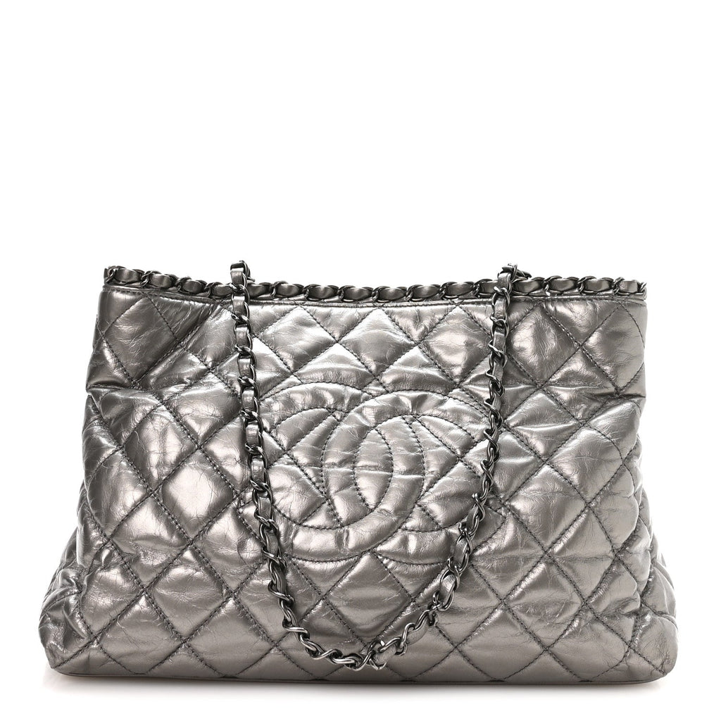 Metallic Calfskin Small Chain Me Tote Silver