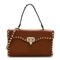 Pebbled Calfskin Rockstud Flip Lock Top Handle Bag Cognac