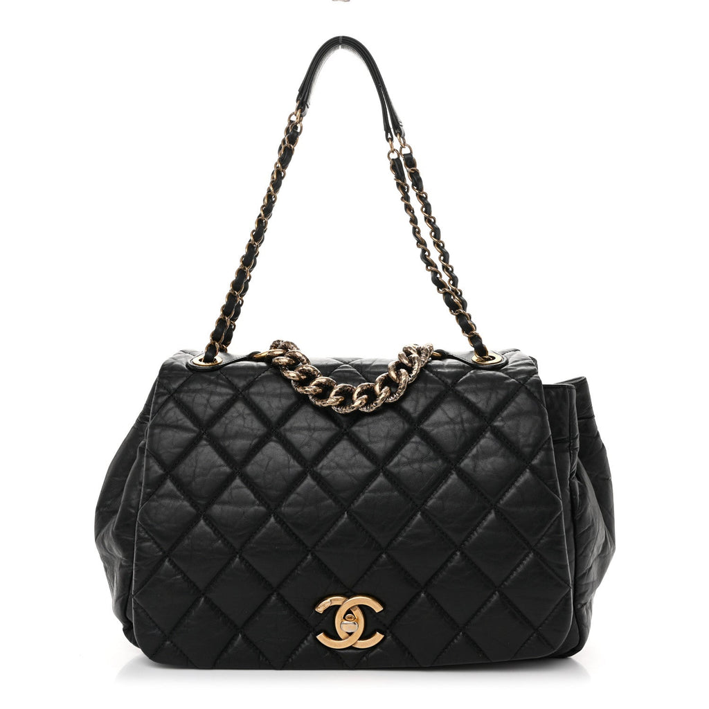 Aged Calfskin Quilted Large Pondichery Flap Black