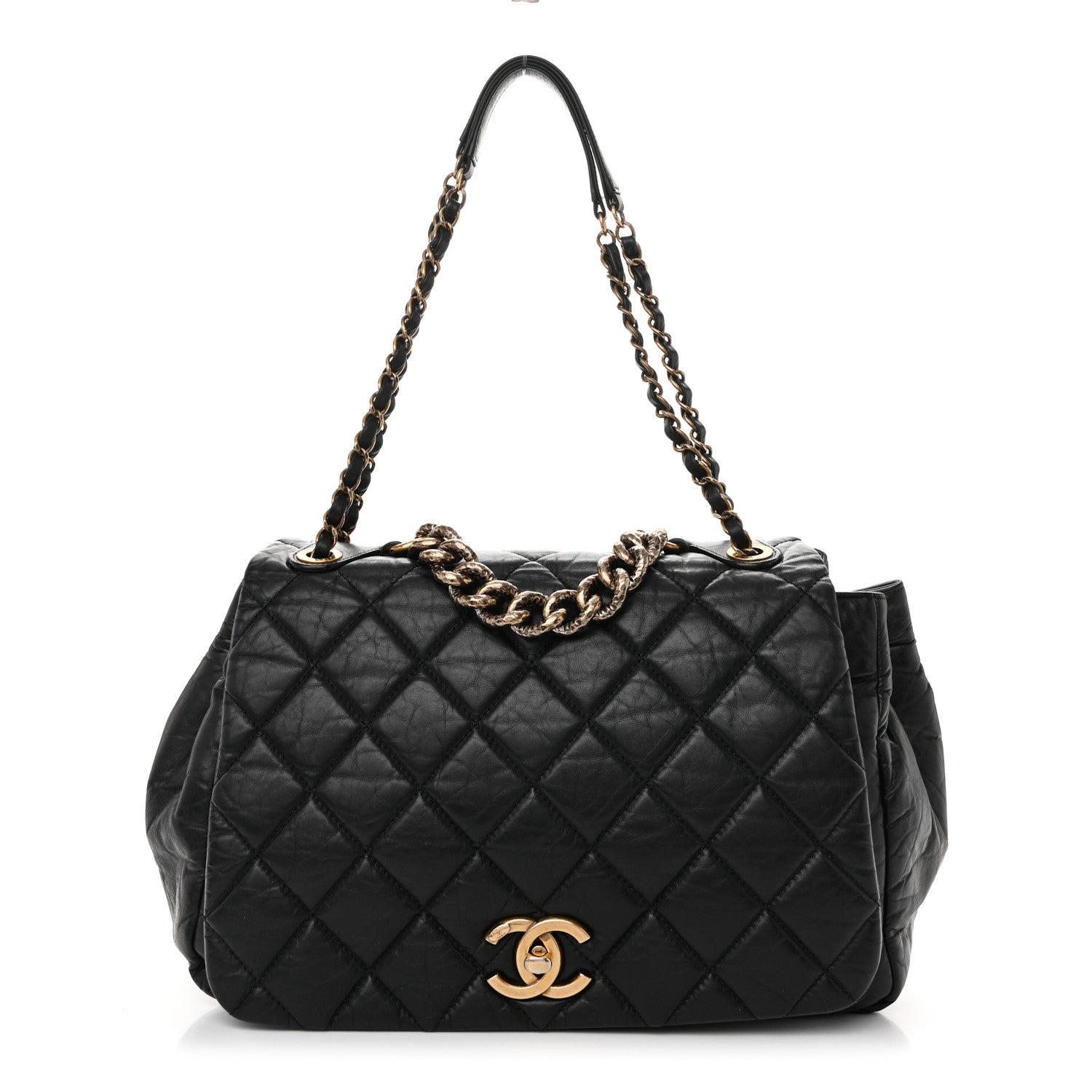 Aged Calfskin Quilted Large Pondichery Flap Black