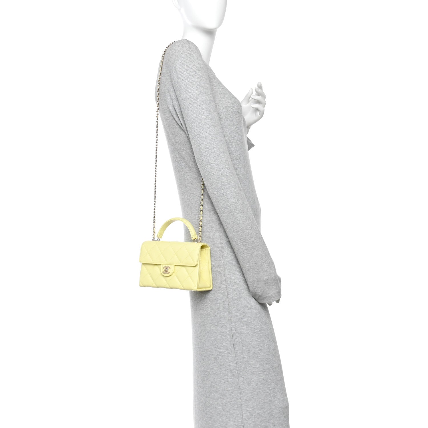 Caviar Quilted Retro Mini Twist Top Handle Clutch Flap Light Yellow
