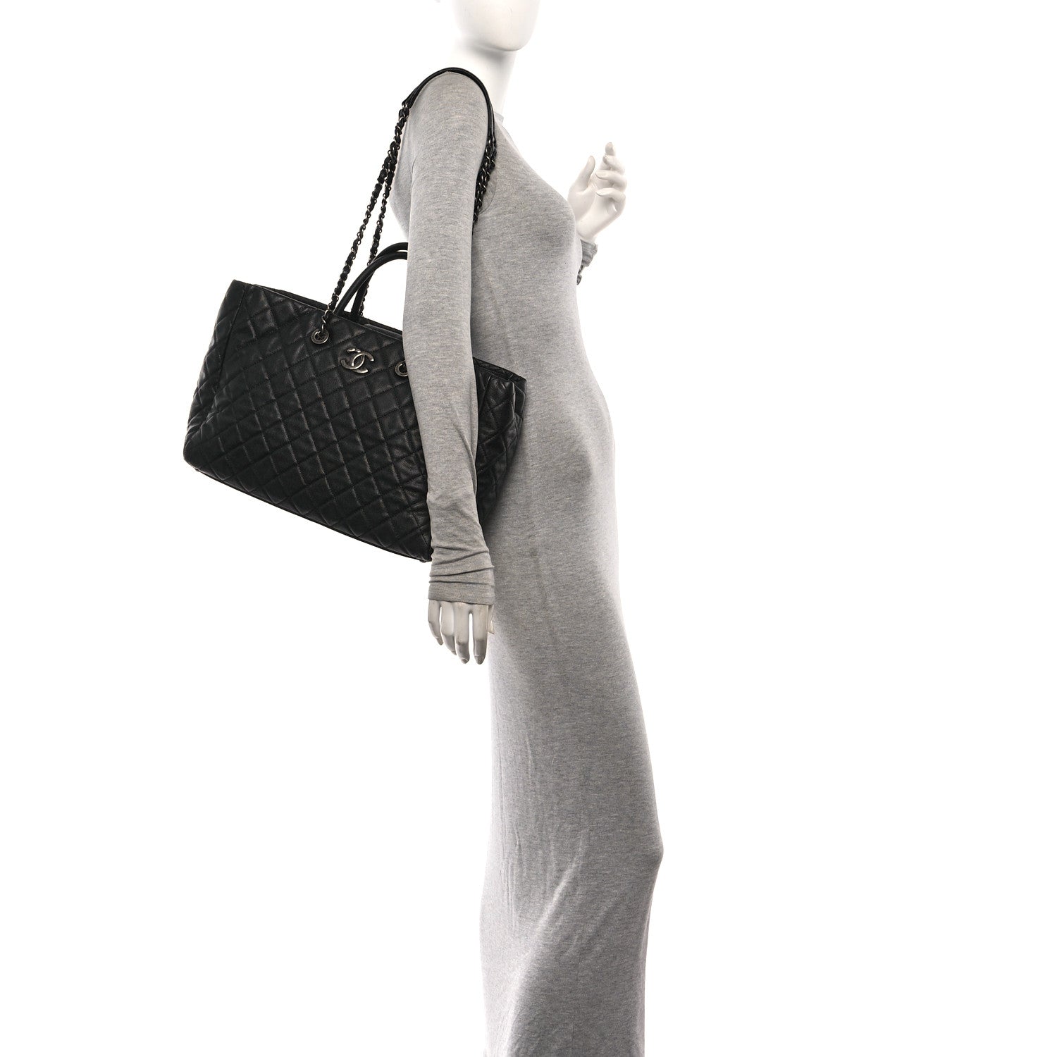 Caviar Quilted Large Coco Handle Shopping Tote Black