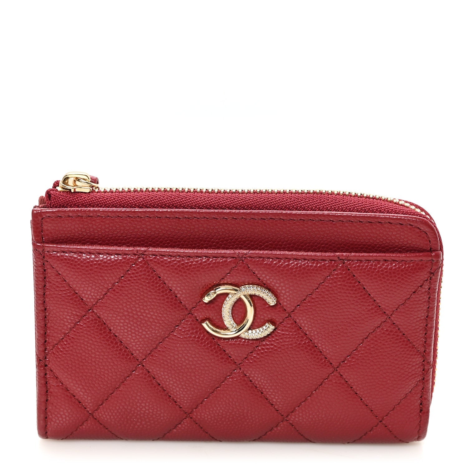 Caviar Quilted Crystal CC Zip Around Card Holder Red