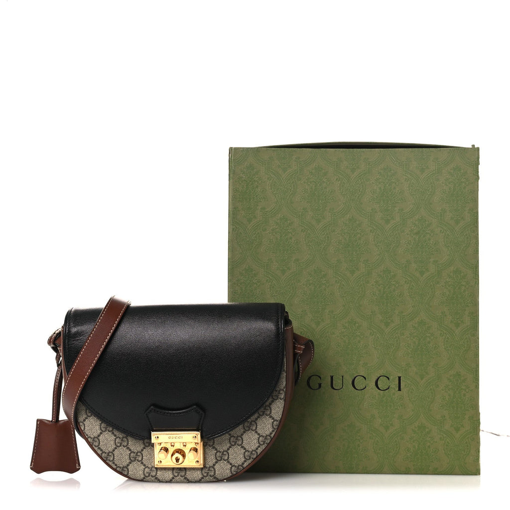 GG Supreme Monogram Calfskin Small Padlock Messenger Shoulder Bag Beige Black Cuir