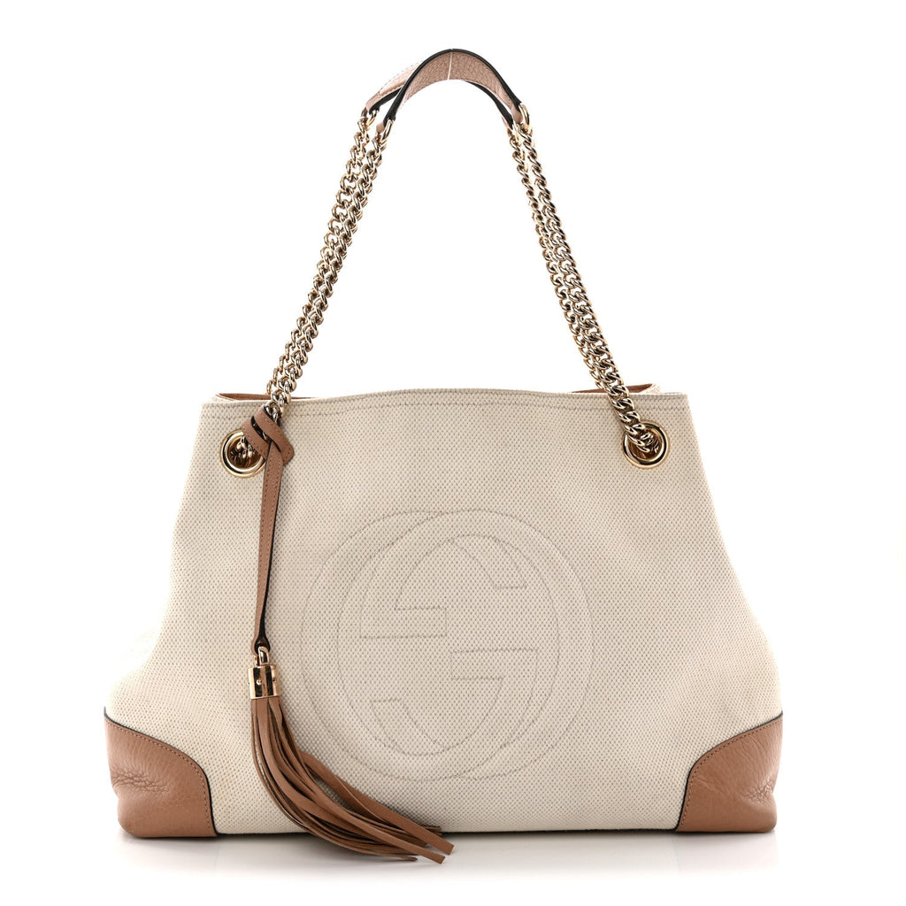 Linen Canvas Pebbled Calfskin Medium Soho Chain Shoulder Bag White Camelia