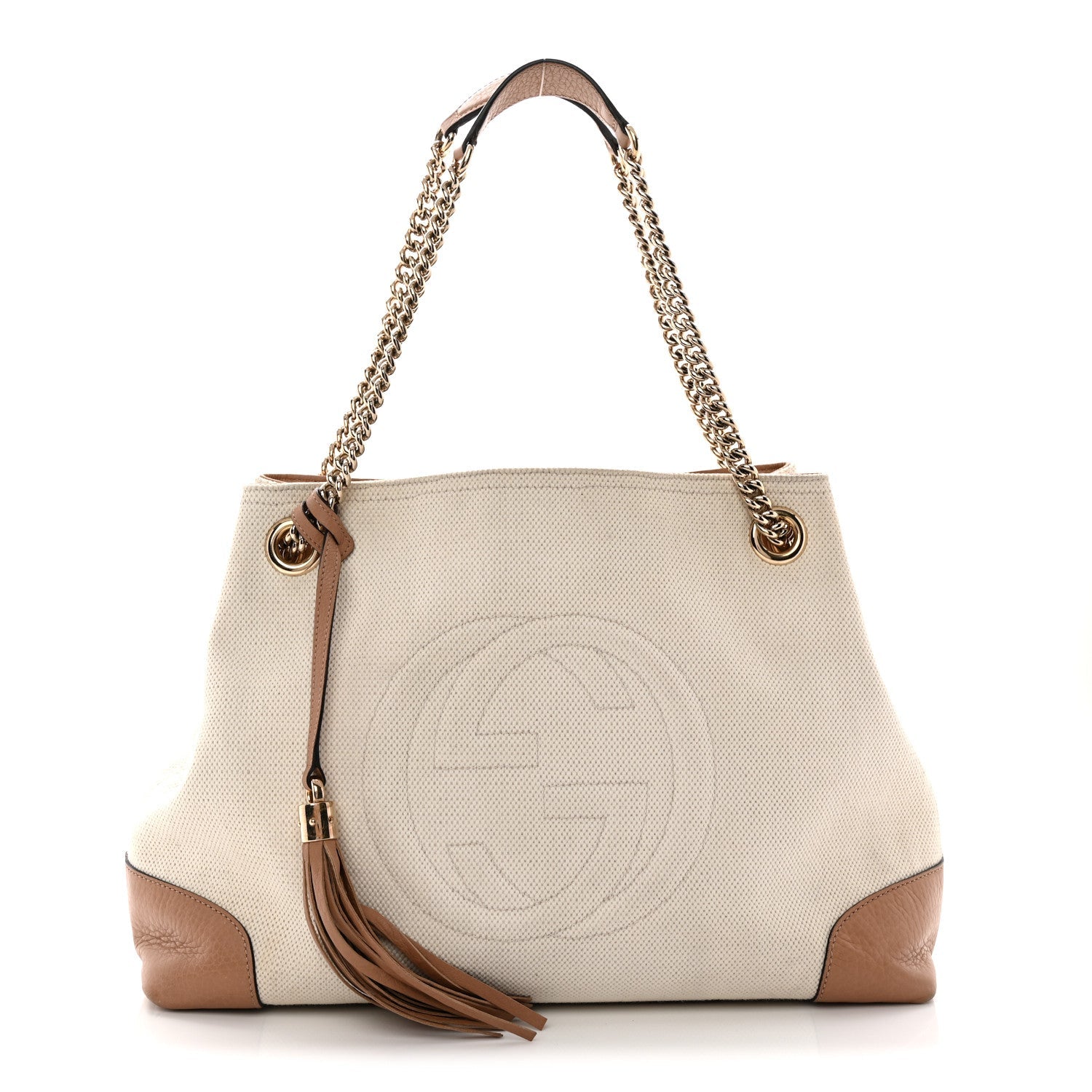 Linen Canvas Pebbled Calfskin Medium Soho Chain Shoulder Bag White Camelia