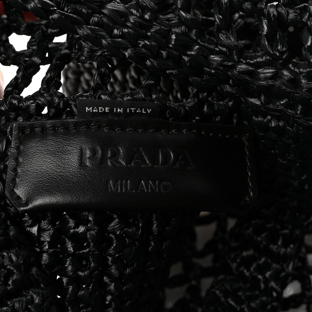 Yarn Raffia Effect Crochet Logo Embroidered Small Tote Bag Black