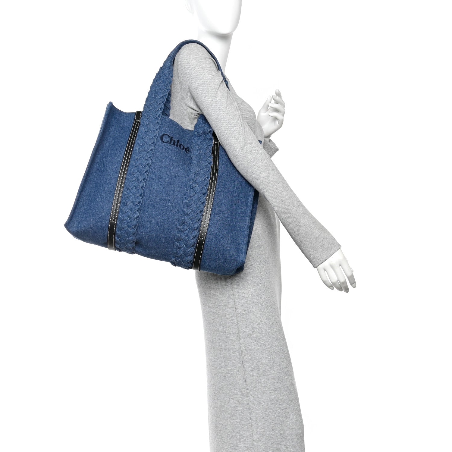 Denim Calfskin Large Braided Woody Ribbon Tote Blue