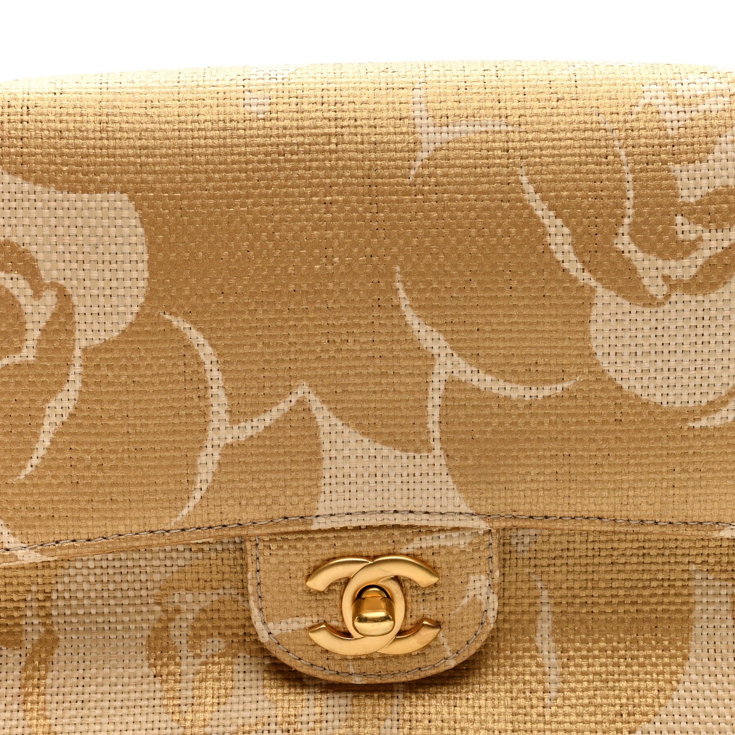 Woven Straw Camellia Print Medium Single Flap Gold