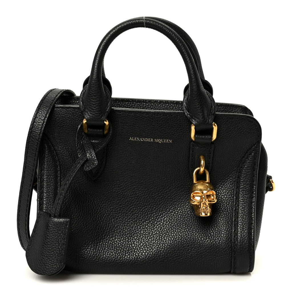 Pebbled Calfskin Mini Skull Padlock Zip Around Tote Black