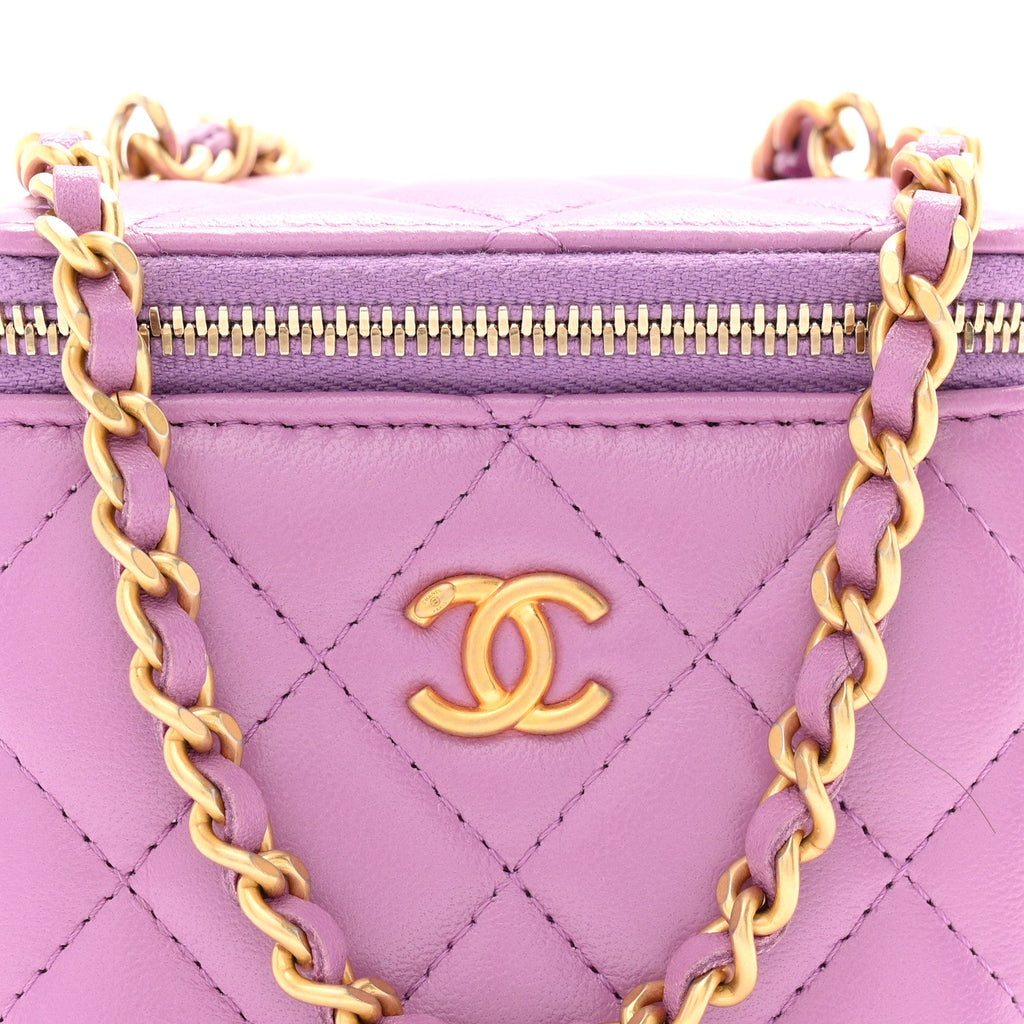Lambskin Quilted Pearl Crush Mini Vanity Case With Chain Purple