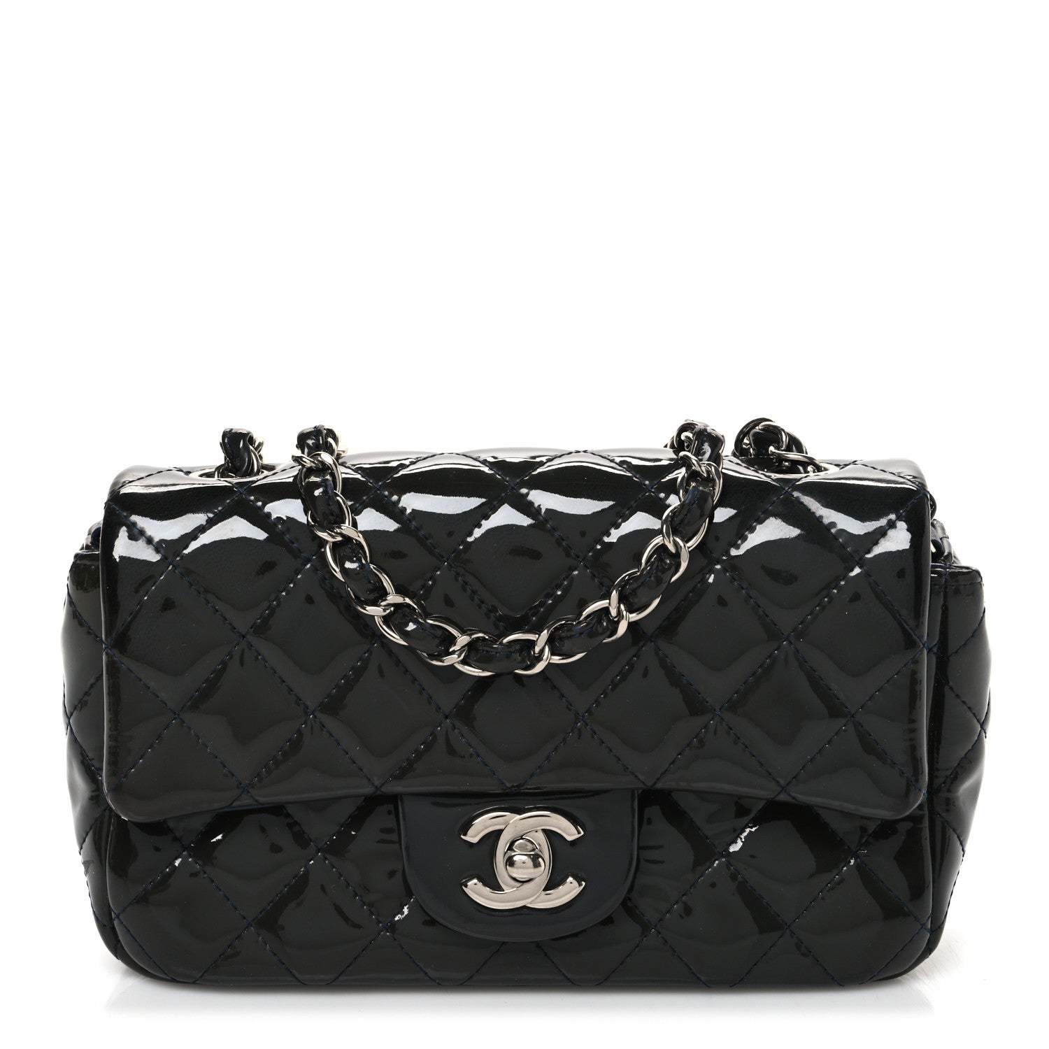Patent Calfskin Quilted Mini Rectangular Flap Navy Blue