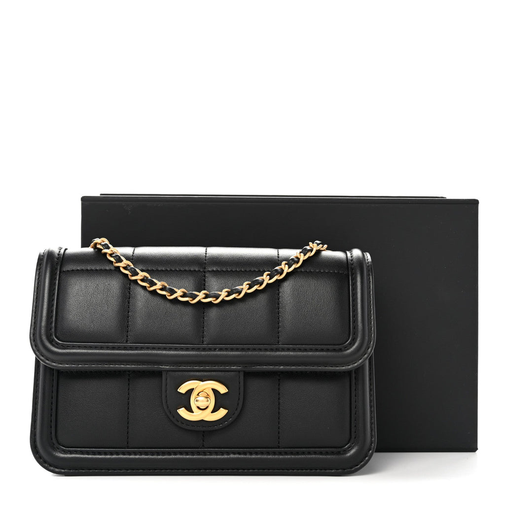 Lambskin Calfskin Mini Chocolate Bar Flap Bag Black