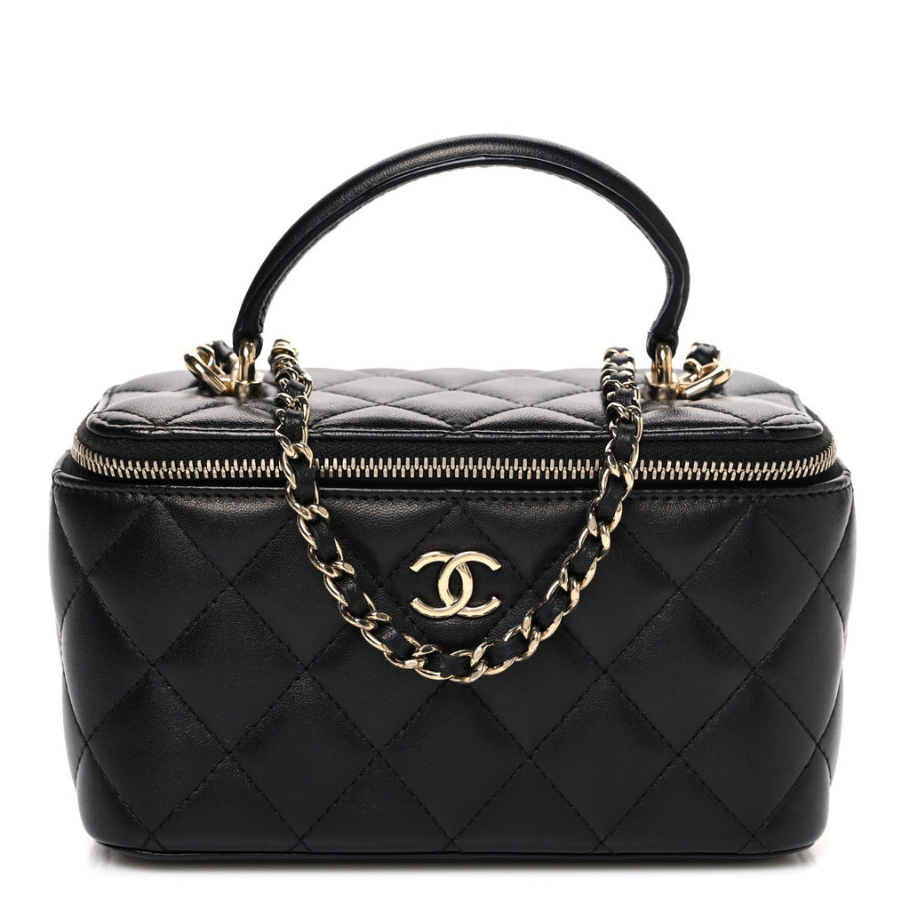 Lambskin Quilted Small Top Handle Vanity Case With Chain Black