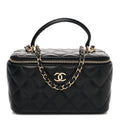 Lambskin Quilted Small Top Handle Vanity Case With Chain Black