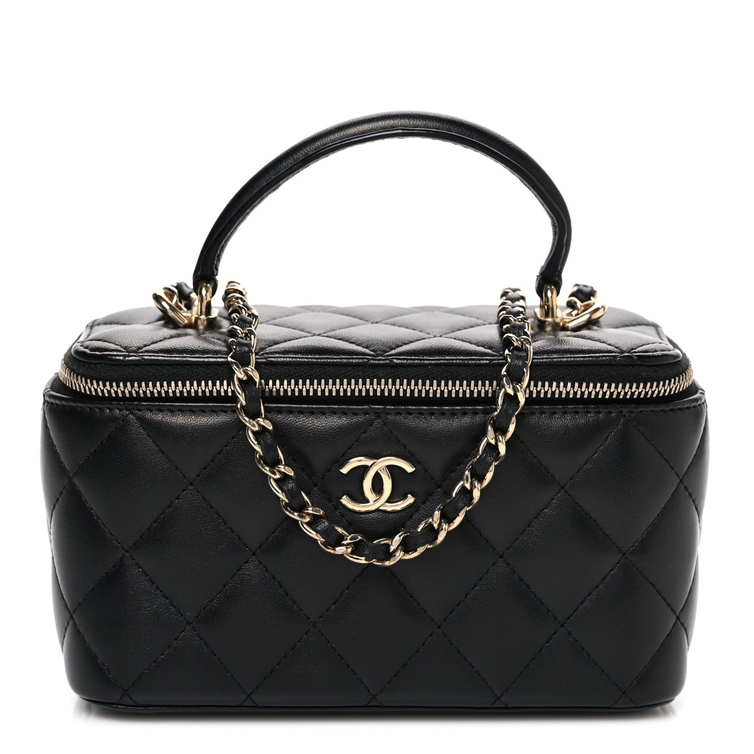 Lambskin Quilted Small Top Handle Vanity Case With Chain Black