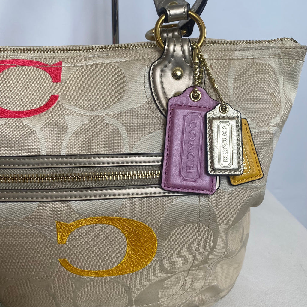 COACH #L1220-23521 Poppy Tote Shoulder Bag Embroidered C Tan Multicolor