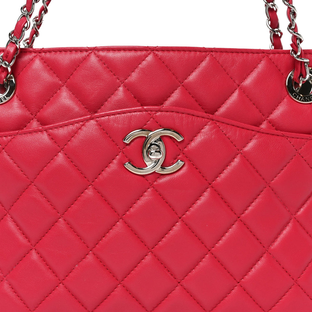 Lambskin Quilted Accordion Shopping Tote Dark Pink