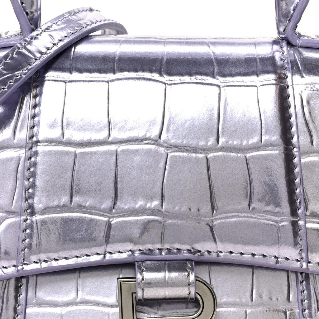 Metallic Calfskin Crocodile Embossed Hourglass Top Handle Bag XS Lilac