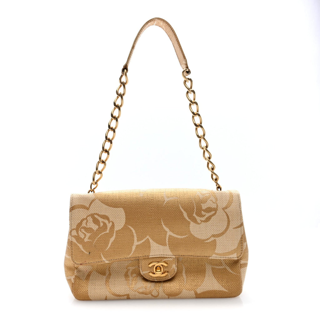Woven Straw Camellia Print Medium Single Flap Gold