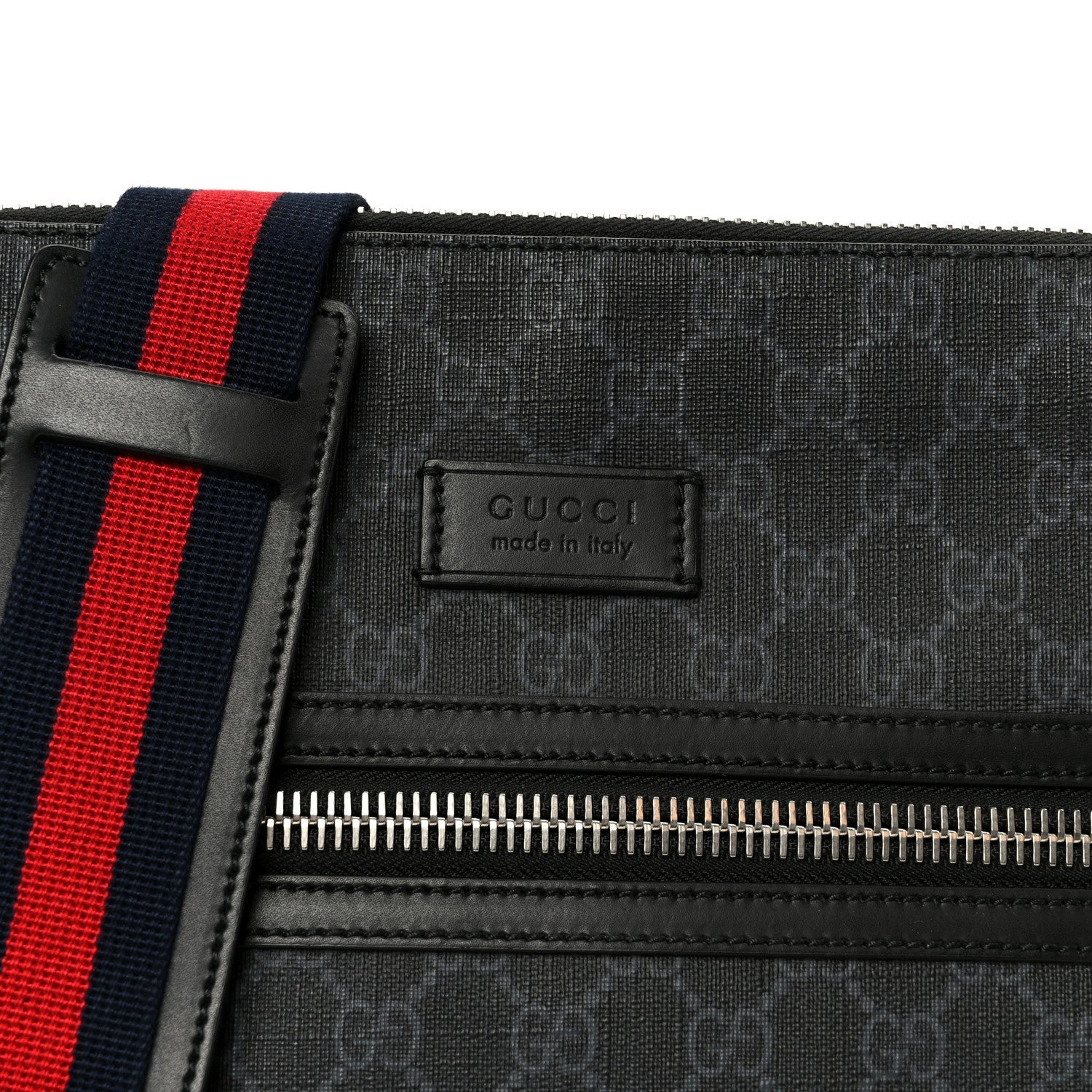 GG Supreme Monogram Appia Calfskin Web Flat Messenger Bag Black Grey Black Grey