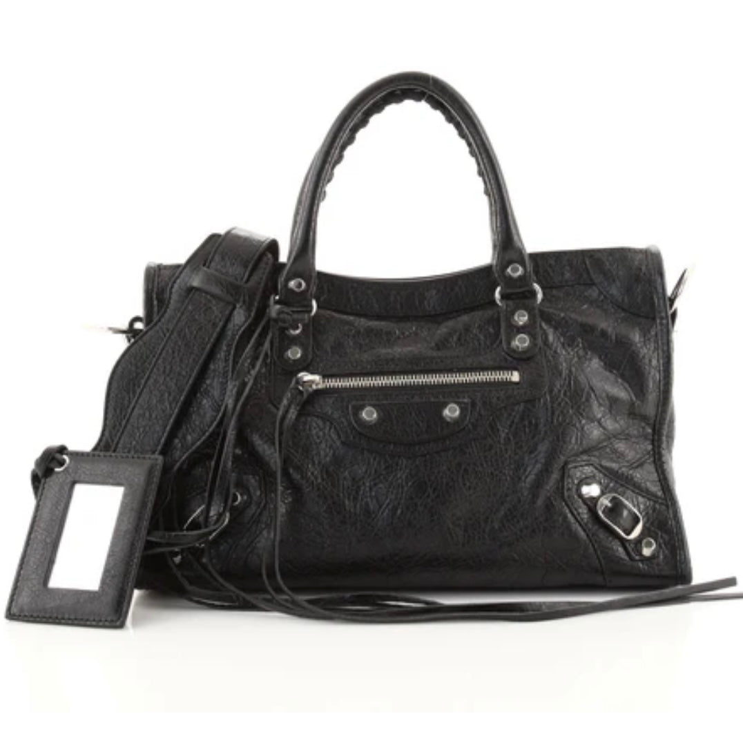 Balenciaga Le City Classic Studs Handbag Satchel Textured Leather Small Black