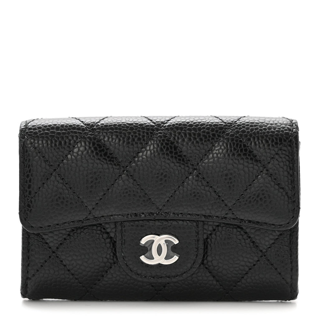 Caviar Quilted Flap Card Holder Wallet Black