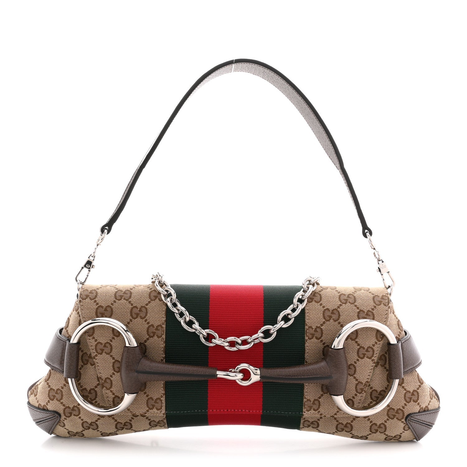Monogram Textured Dollar Calfskin Heavy Grosgrain Web Medium Maxi Horsebit Chain Shoulder Bag Beige Ebony New Acero