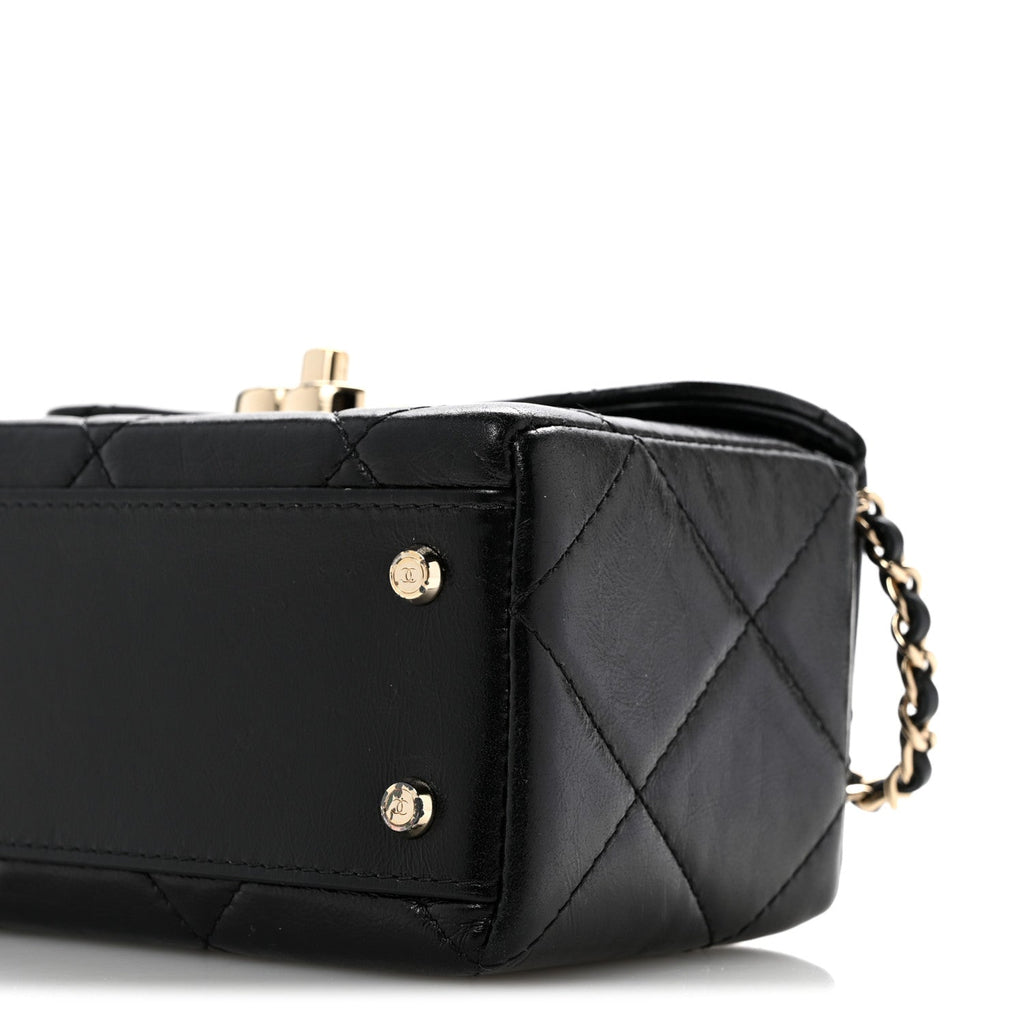 Shiny Calfskin Quilted Top Handle Box Bag Black