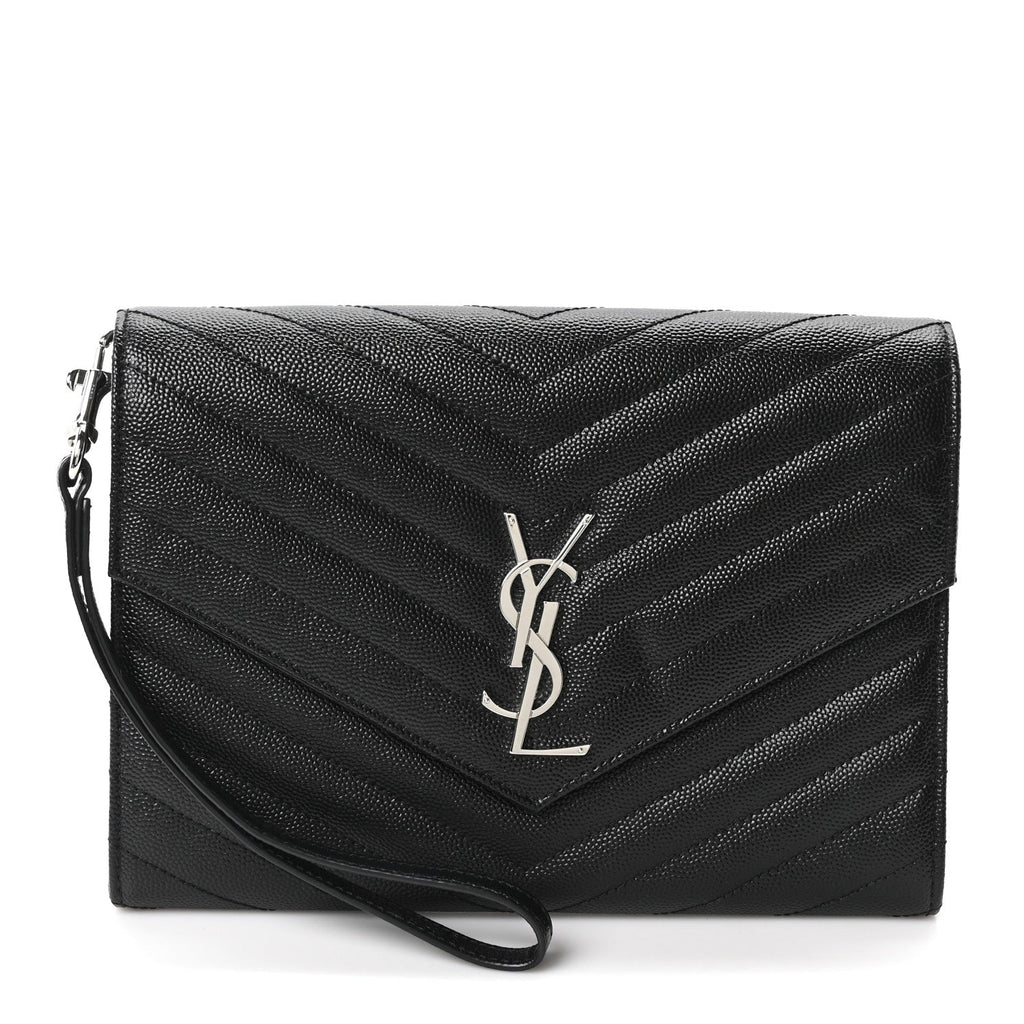 Grain De Poudre Matelasse Chevron Monogram Envelope Clutch Black