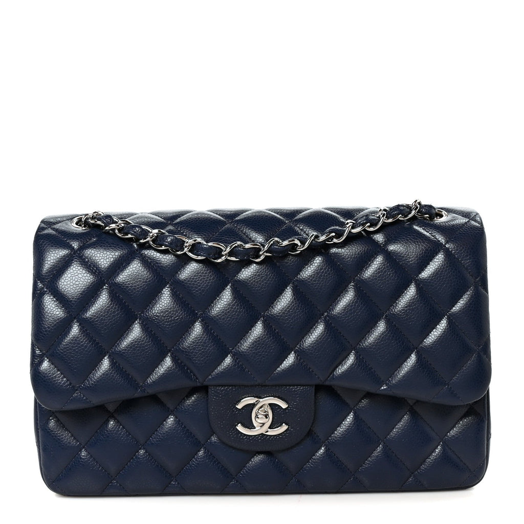 Caviar Quilted Jumbo Double Flap Navy Blue