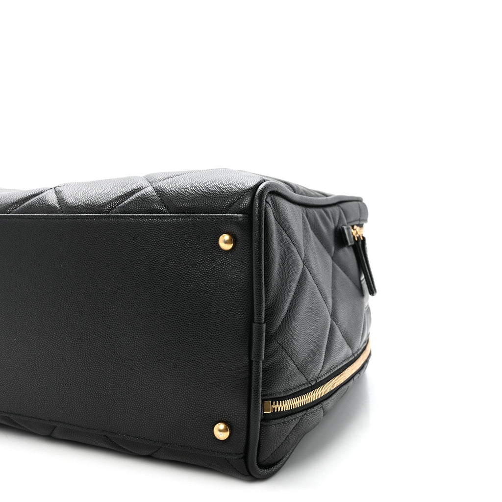 Shiny Grained Calfskin Quilted Large Travel Bowling Bag Black
