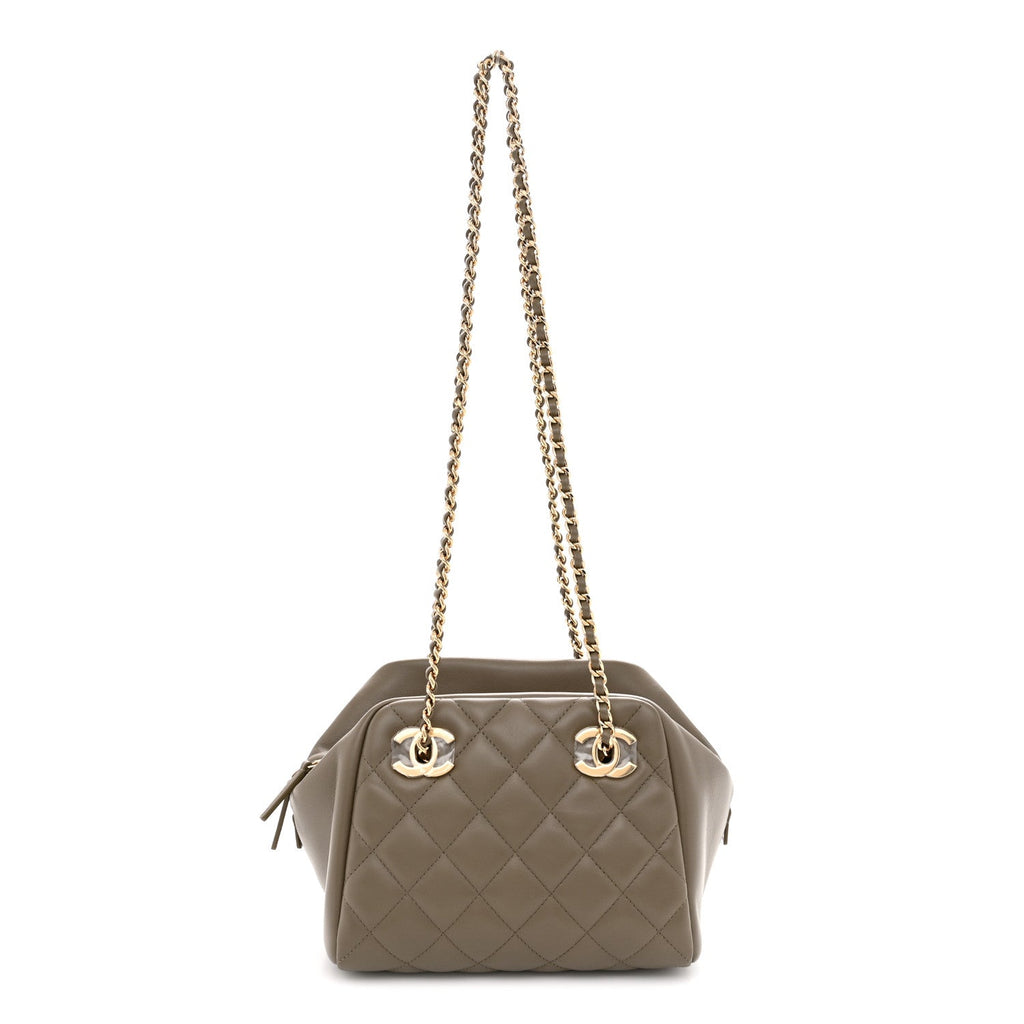 Lambskin Quilted Small CC Bowling Bag Dark Khaki