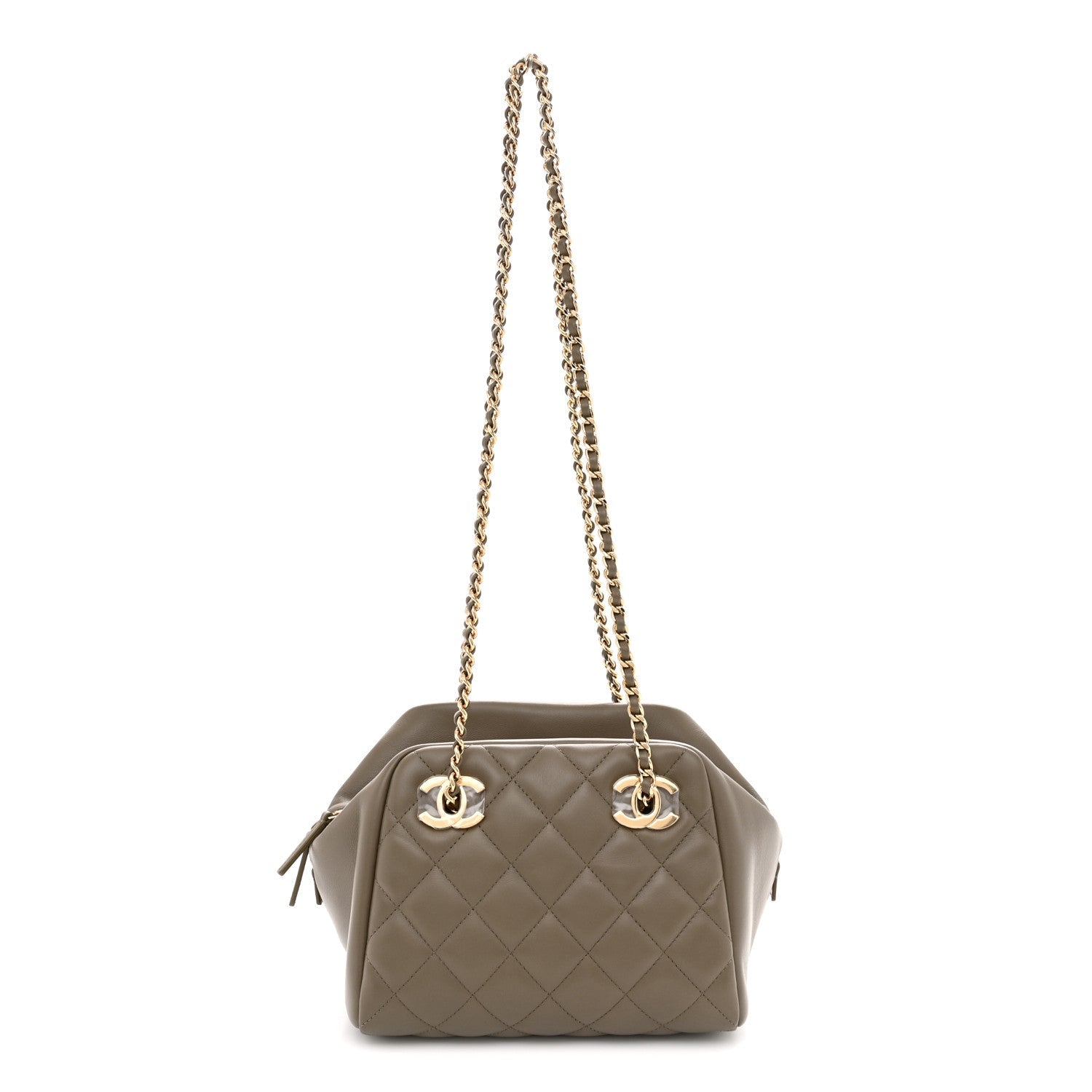 Lambskin Quilted Small CC Bowling Bag Dark Khaki