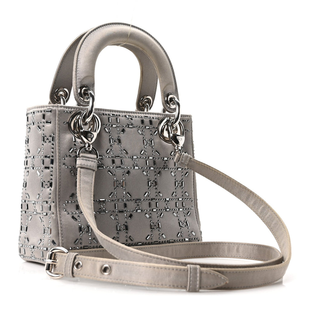 Satin Crystal Cannage Mini Lady Dior Gray