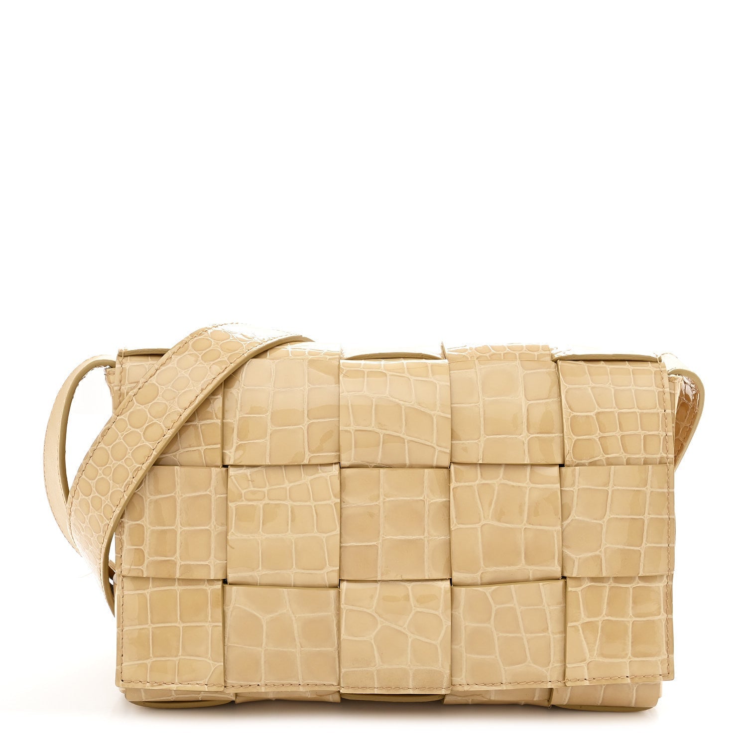 Gloss Calfskin Croc Embossed Intreccio Cassette Crossbody Bag Praline