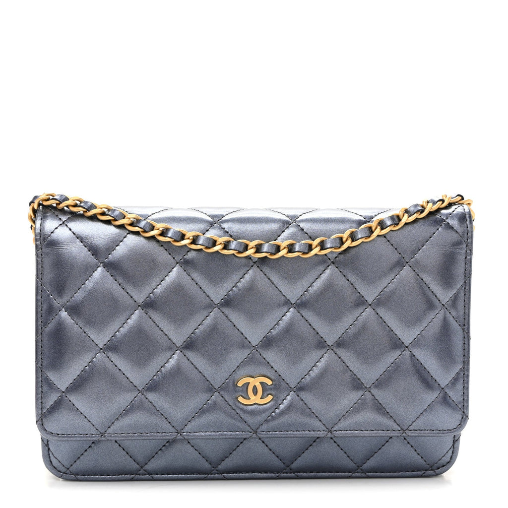 Metallic Calfskin Quilted Wallet On Chain WOC Navy Blue