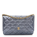 Metallic Calfskin Quilted Wallet On Chain WOC Navy Blue