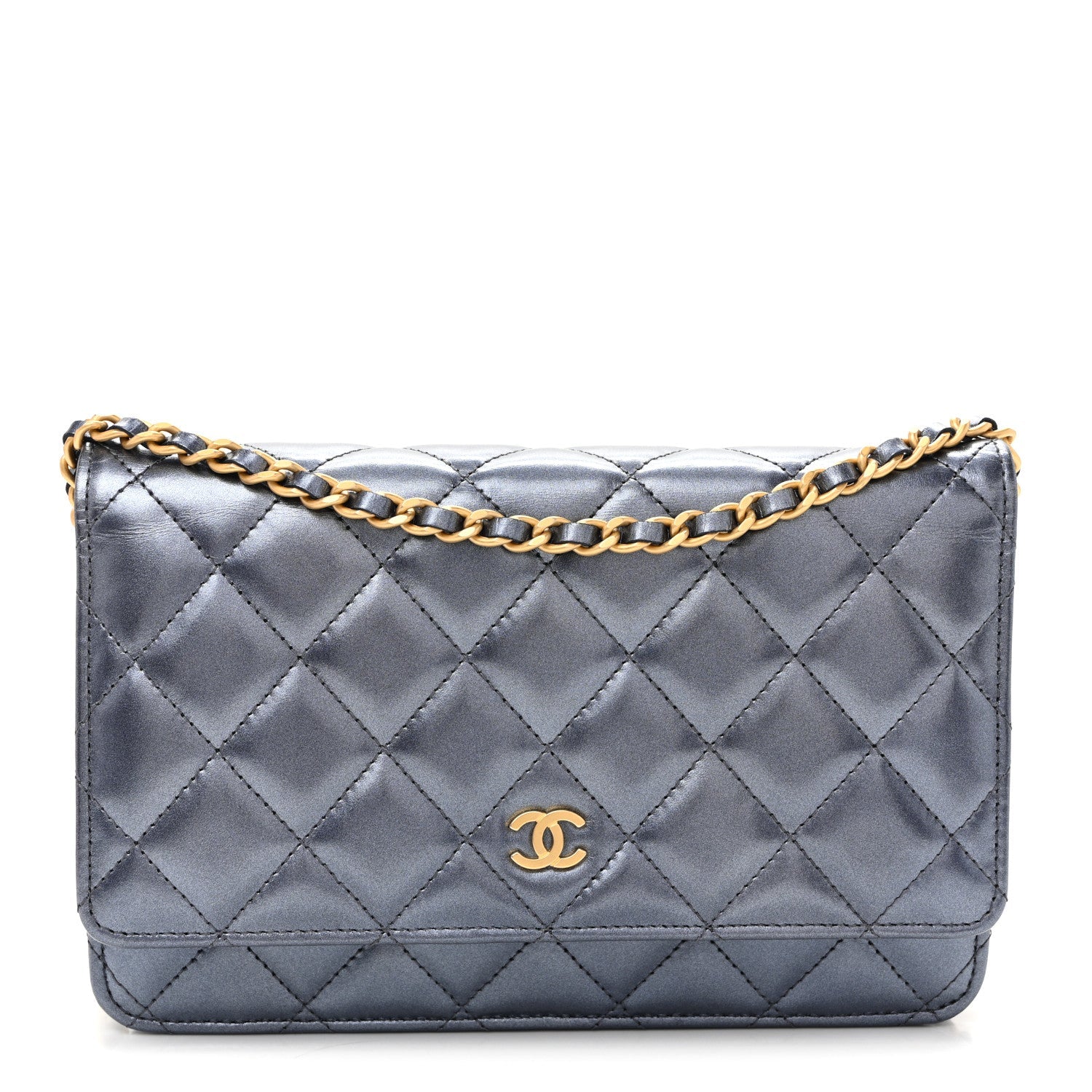 Metallic Calfskin Quilted Wallet On Chain WOC Navy Blue