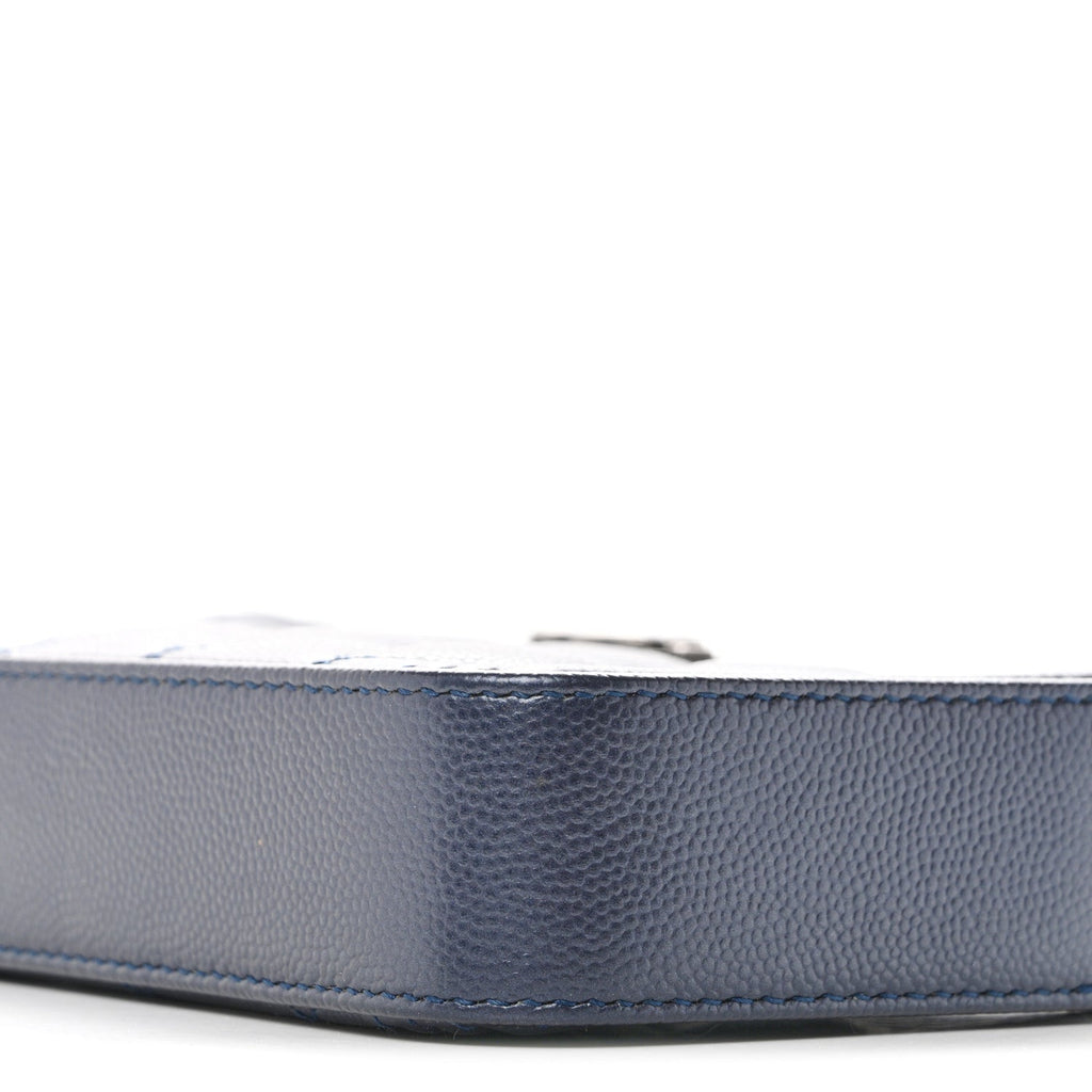 Metallic Caviar Quilted Small Boy Clutch With Chain Navy