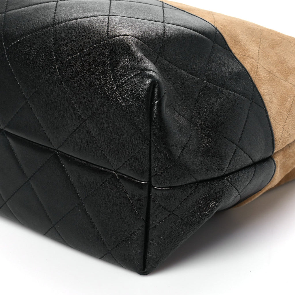 Suede Calfskin Shiny Lambskin Quilted Large Coco Base Shopping Bag Beige Black