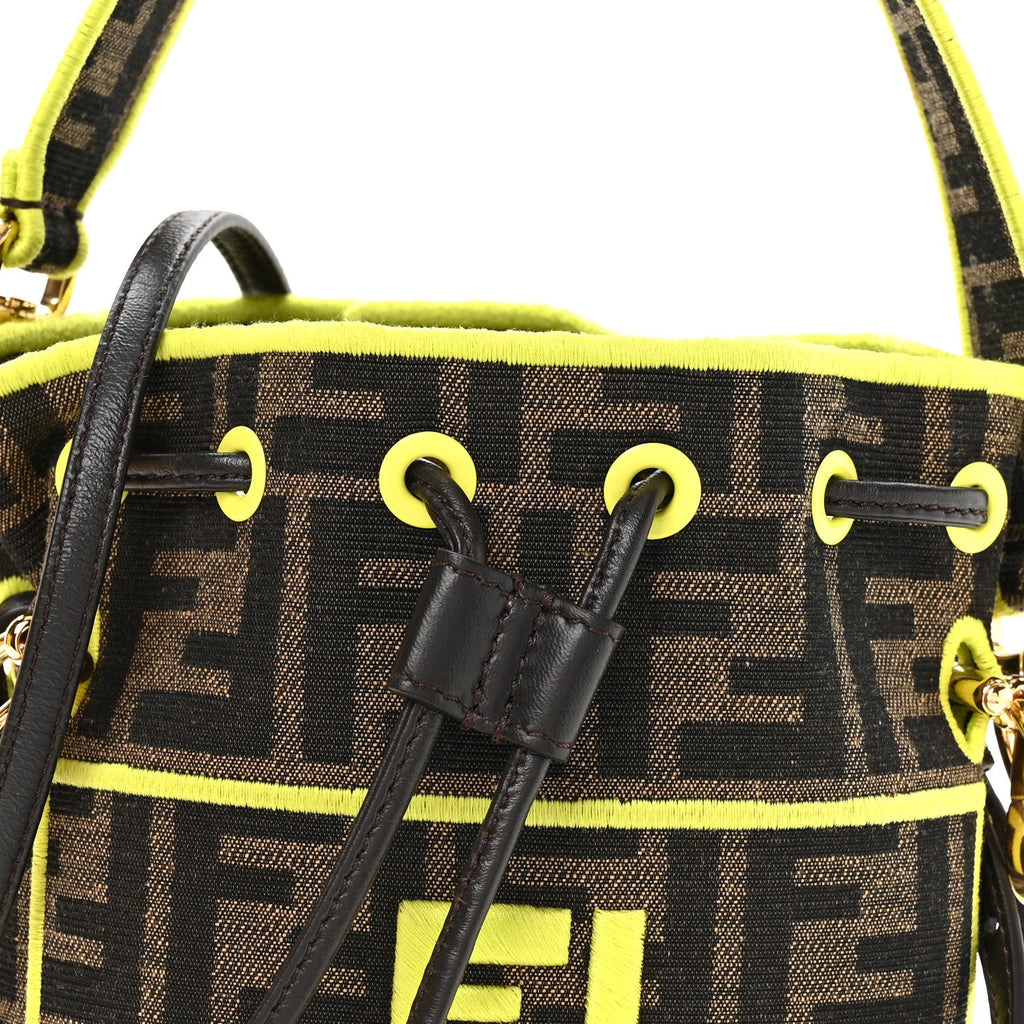 Fabric Jacquard Shiny Nappa FF 1974 Logo Threaded Edge Mini Mon Tresor Bucket Bag Tobacco Moro Giallo Fluo